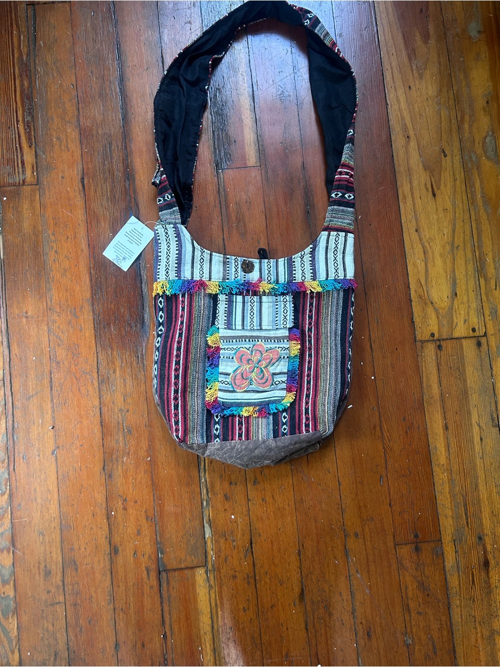 Rising International Handmade Cotton Multicolor Flower Rainbow Fringe bag